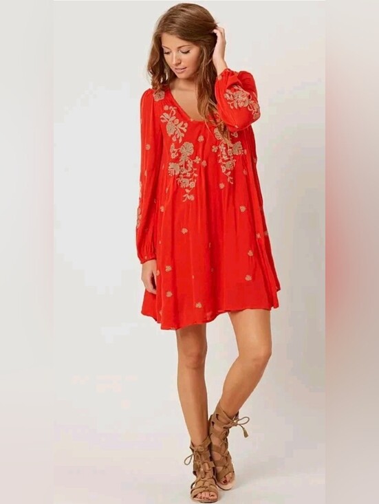 Free People Dresses & Skirts - Free People Embroidered Red V-Neck Womens Dress Size L